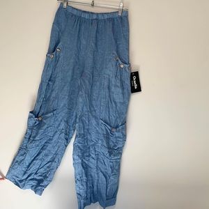 Ornella Bohemian Pants, Blue, Multi Pockets, Brown Buttons, Elastic Waist, NWT